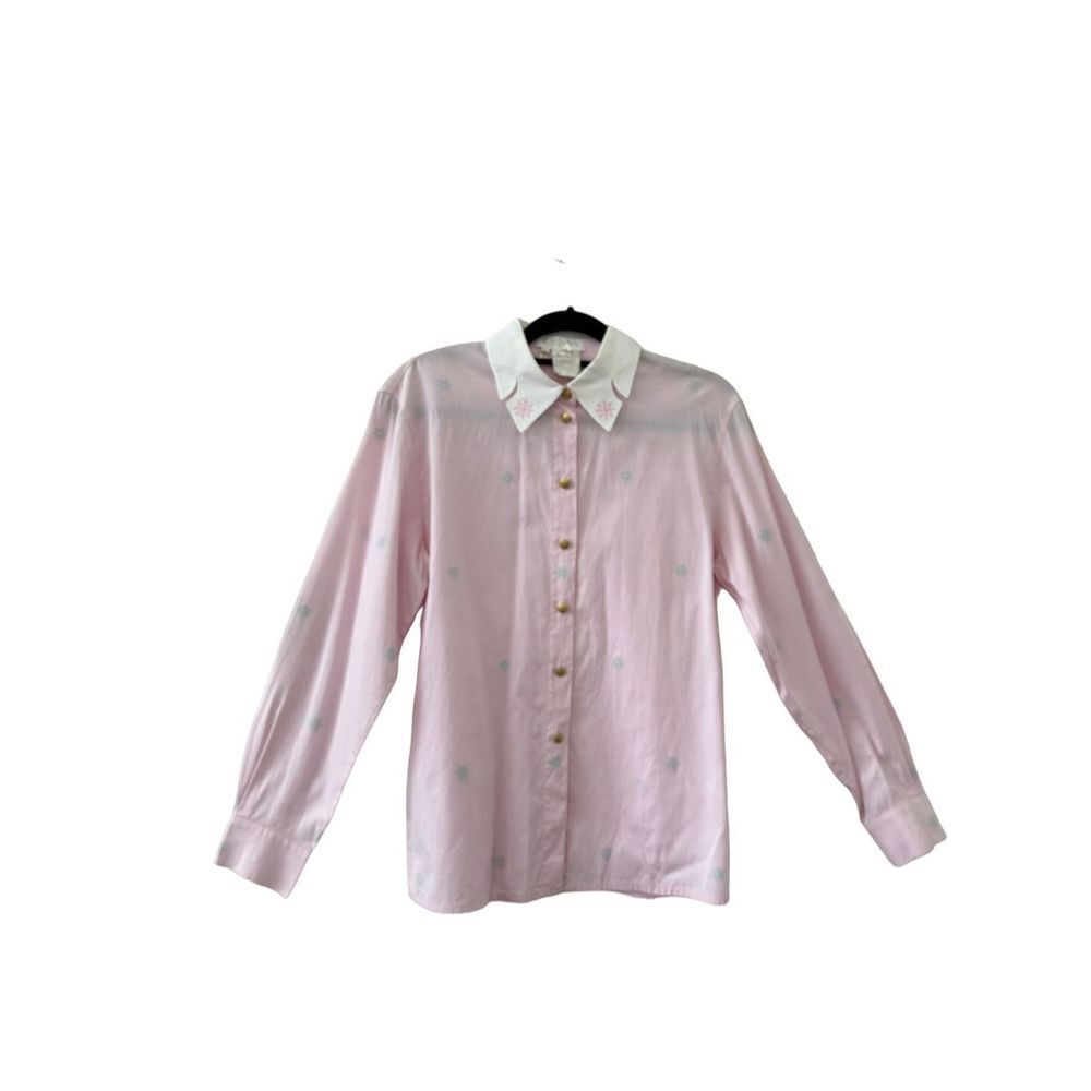 Vintage Escada Embroidered Snowflake Cotton Button-Up Blouse Pink Women’s Size 3